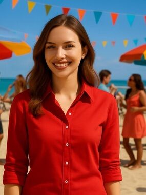 Cato Classic Red Button-Down Women's Shirt with Rhinestone Buttons, Long Sleeve